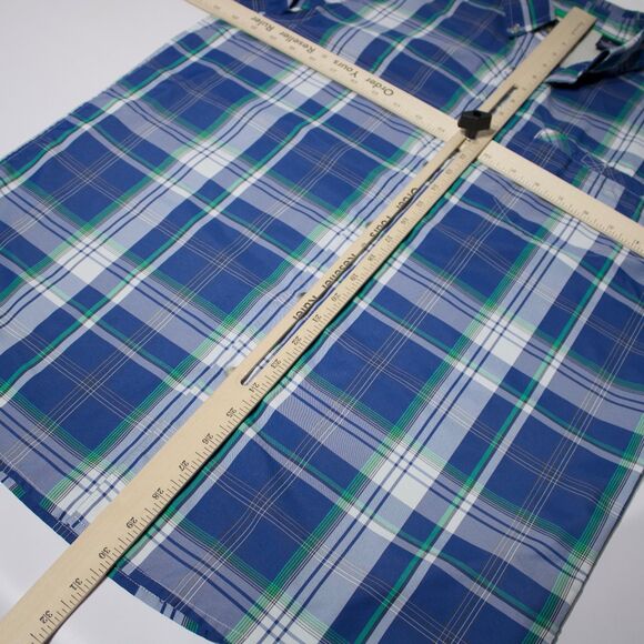 Chaps Ralph Lauren Blue Poly Plaid Short Sleeve Camp Shirt Button Down Men Sz. M - Picture 9 of 9